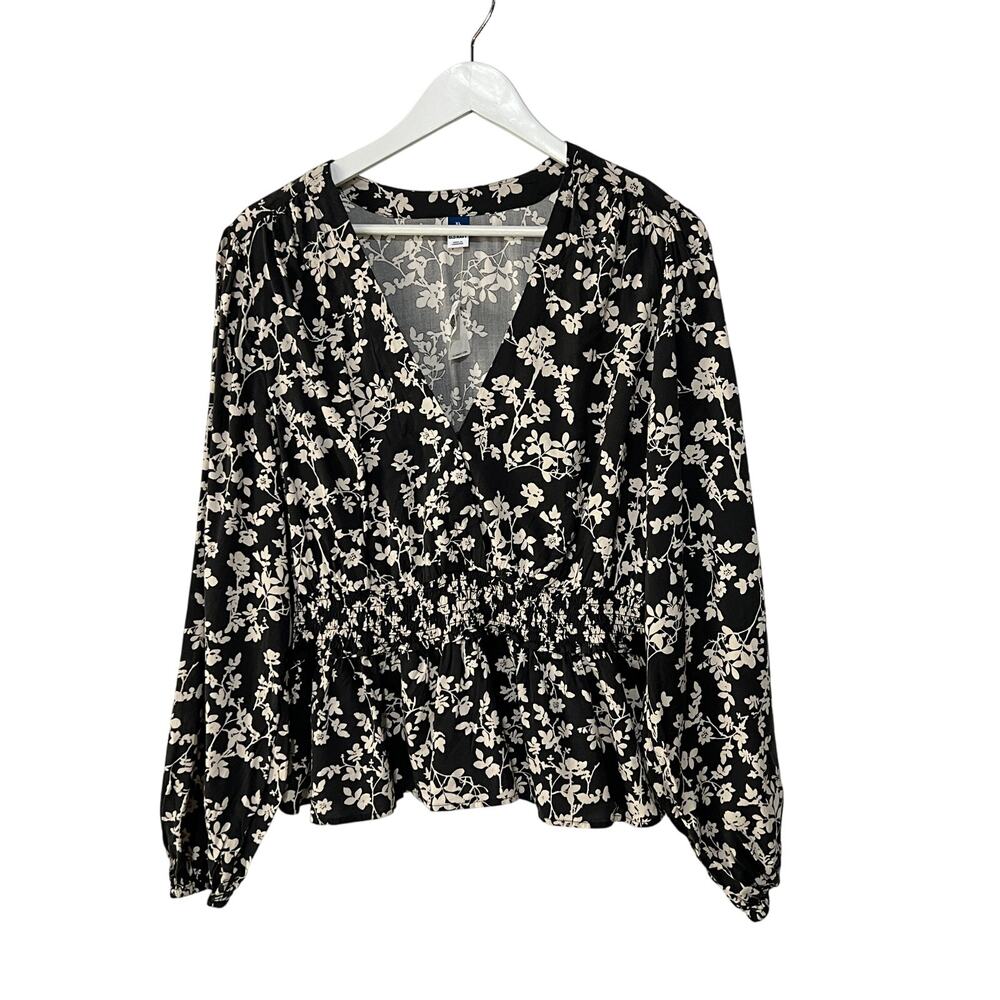Old Navy Black and White Floral Peplum Blouse